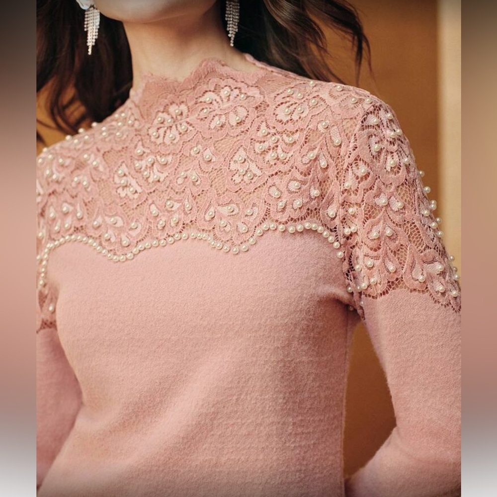 Baby Pink  Lace Top with Pearl Accents